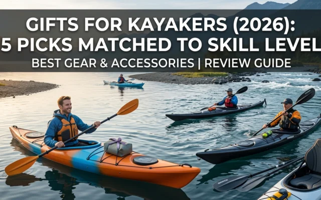 Practical gifts for kayakers including a dry bag and kayaking accessories beside a kayak