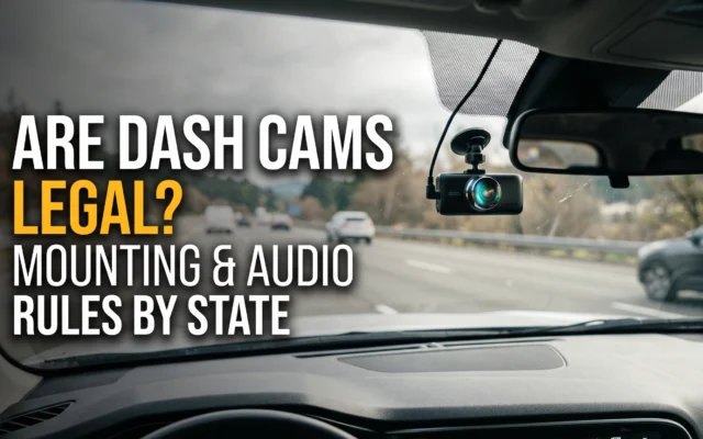 Dash cam mounted on a car windshield illustrating state laws for camera placement and audio recording