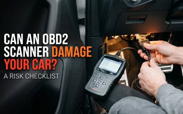 OBD2 scanner connected to a car’s diagnostic port with a checklist of potential risks and safe usage practices