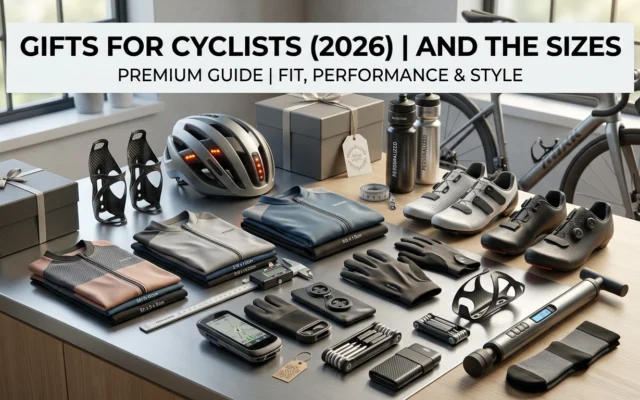 Practical gifts for cyclists including bike lights, a multitool, a mini pump, and a saddle bag