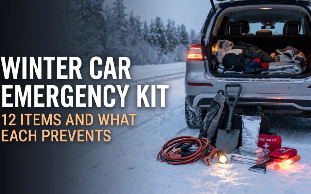 Winter car emergency kit with 12 essential items for cold-weather roadside emergencies