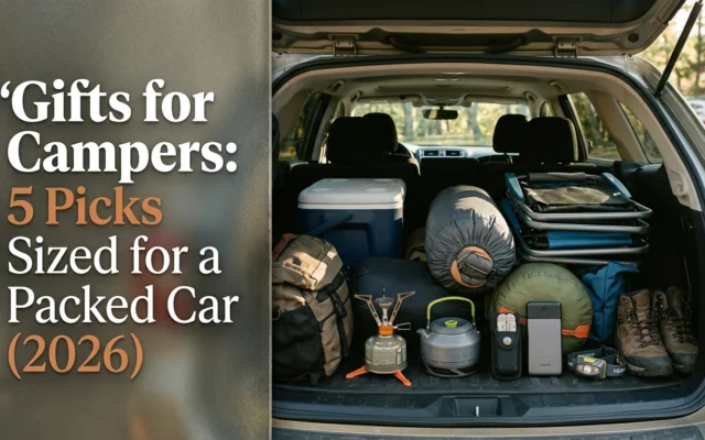 Space-saving camping gifts neatly packed in a car trunk