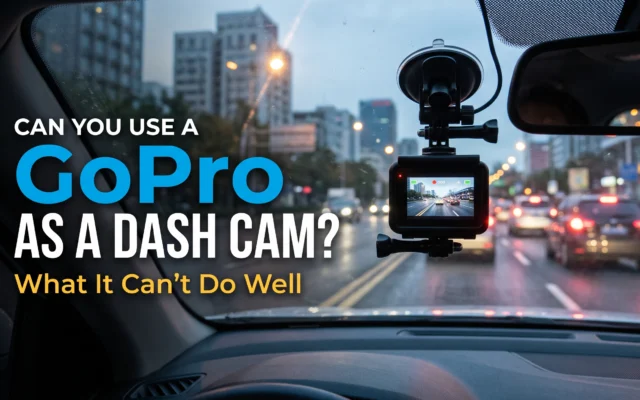 GoPro action camera mounted inside a car as a dash cam, illustrating its limitations for everyday driving
