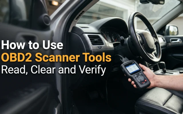 OBD2 scanner tool connected to a car’s diagnostic port to read, clear, and verify trouble codes