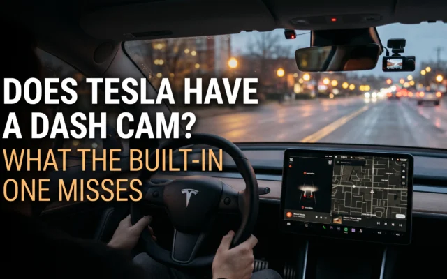 Tesla vehicle camera system illustrating built-in Dashcam and Sentry Mode recording features and their limitations