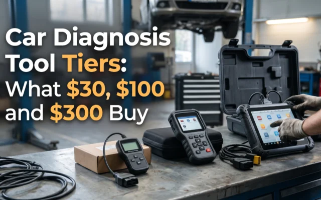 Car diagnostic tools compared across $30, $100, and $300 price ranges, showing differences in features and capabilities