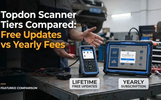 TOPDON automotive scanner tiers compared by diagnostic features, free software updates, and yearly subscription fees