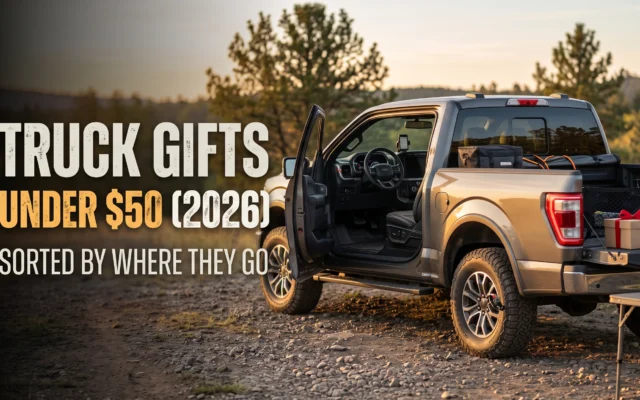Truck gifts under $50 featuring practical accessories for the truck cab, storage area, and exterior