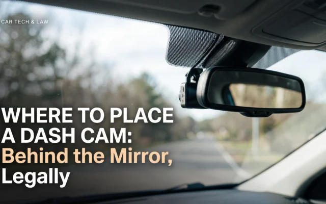 Dash cam positioned behind the rearview mirror for a discreet, legal windshield installation